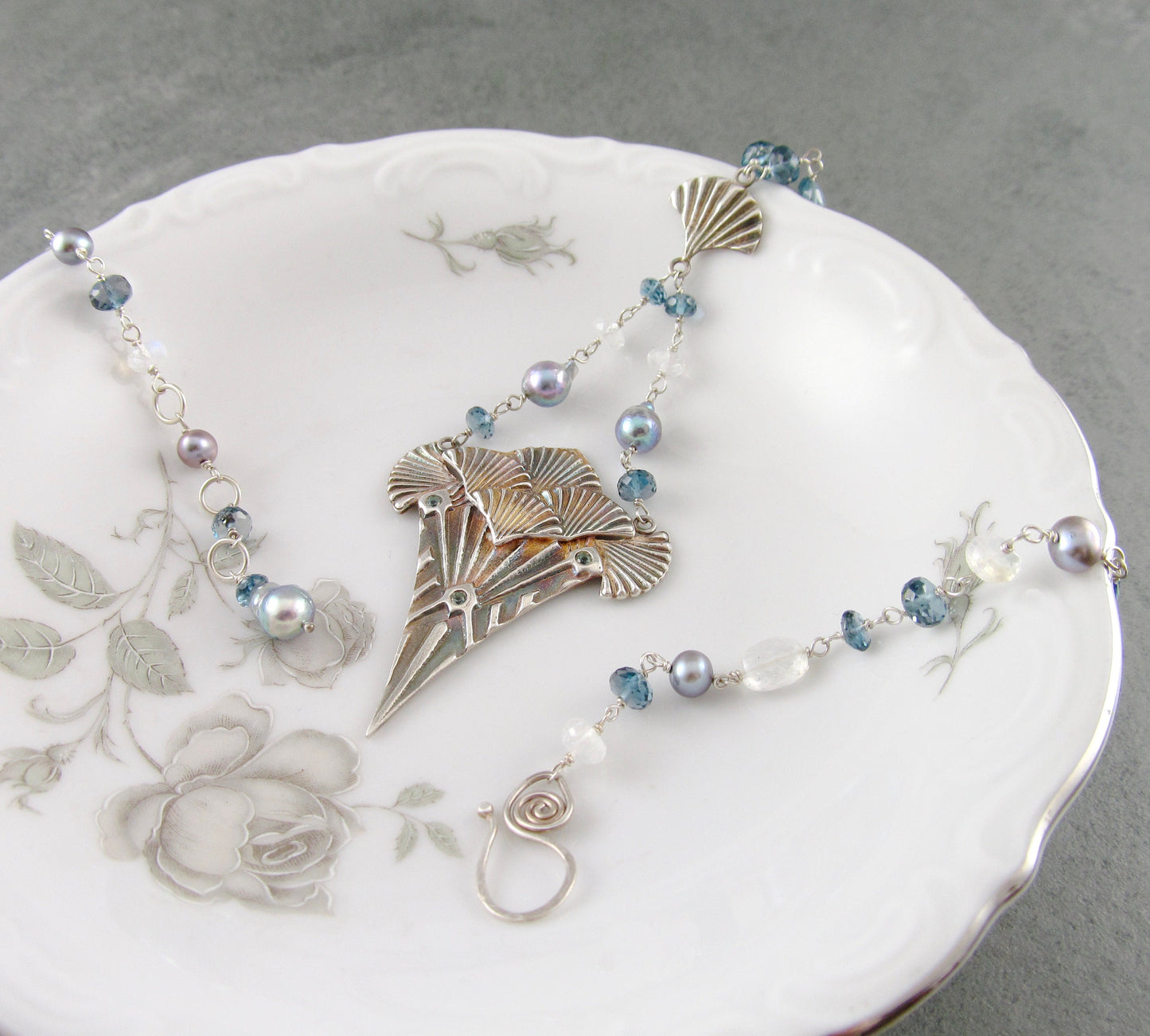 Art Deco mermaid necklace, handmade recycled fine silver, London blue topaz, Akoya saltwater pearl and rainbow moonstone necklace-OOAK