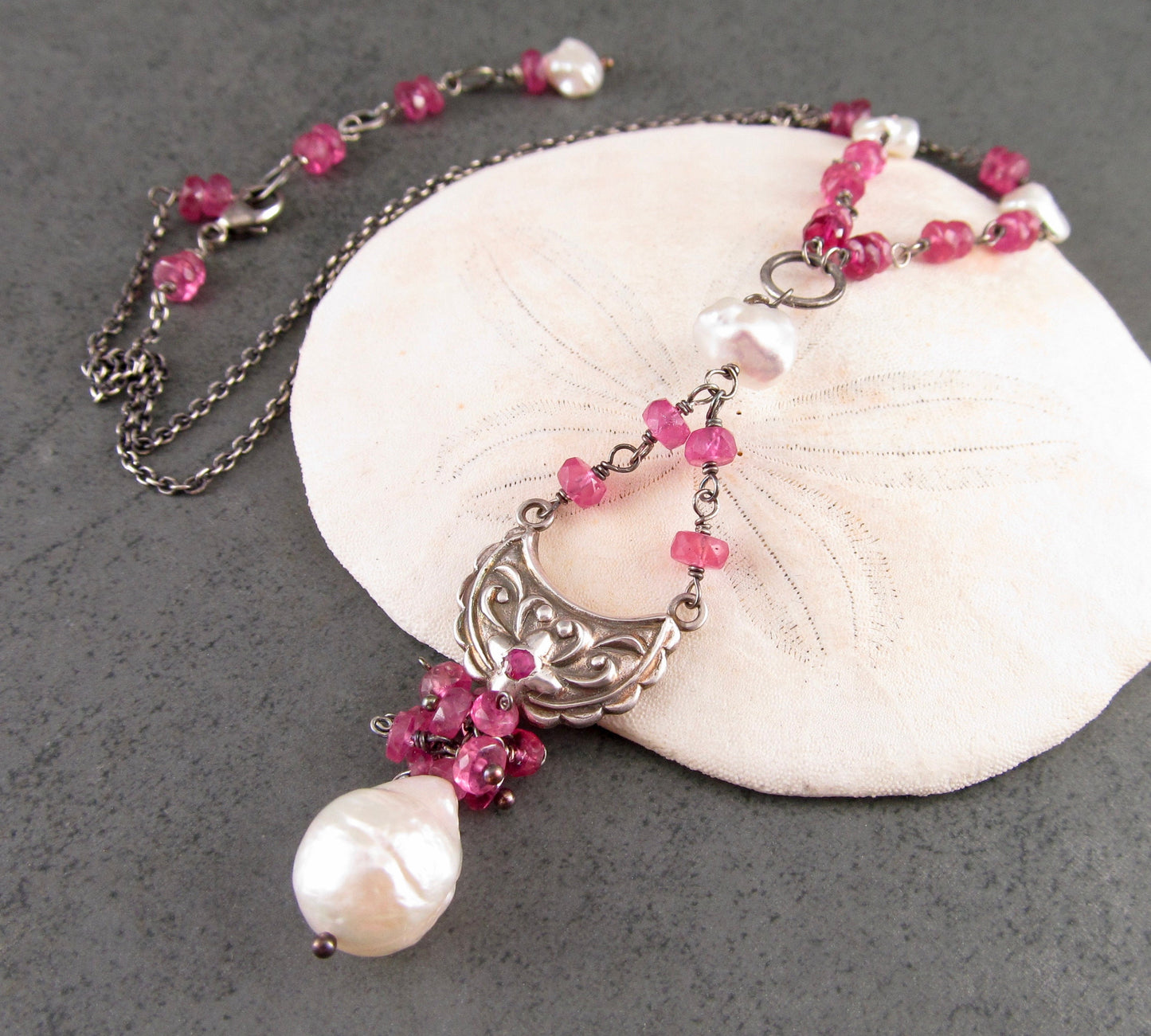 Pink sapphire necklace, handmade recycled fine silver ruby and pearl necklace-OOAK