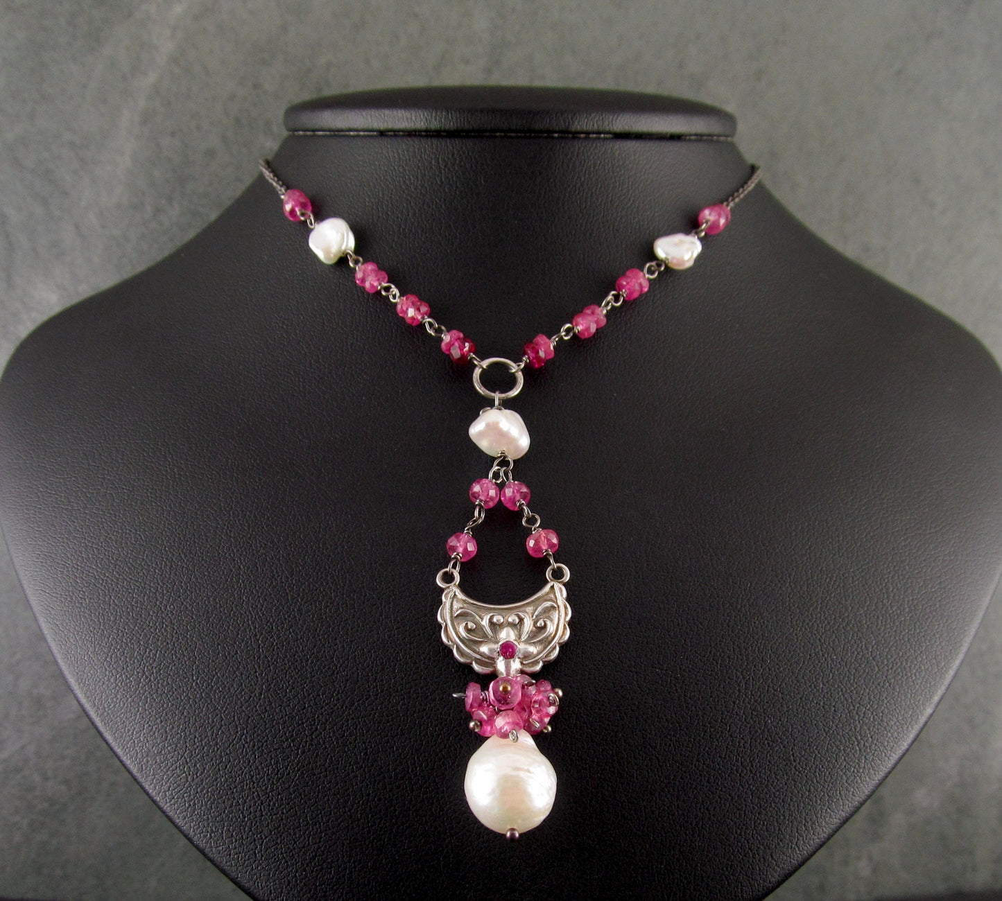 Pink sapphire necklace, handmade recycled fine silver ruby and pearl necklace-OOAK