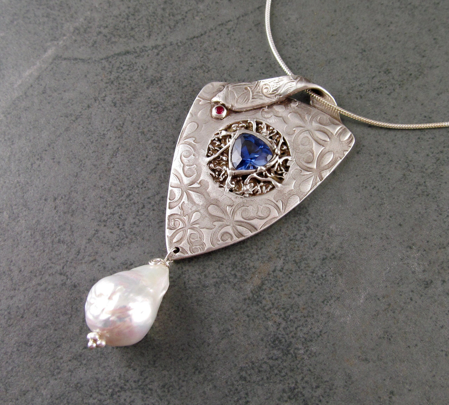 Sapphire shield pendant, handmade eco friendly fine silver, blue sapphire, ruby and pearl necklace-OOAK Red, White and Blue