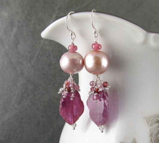 Pink sapphire earrings with pink Edison pearls, handmade sterling silver sapphire slice earrings-OOAK