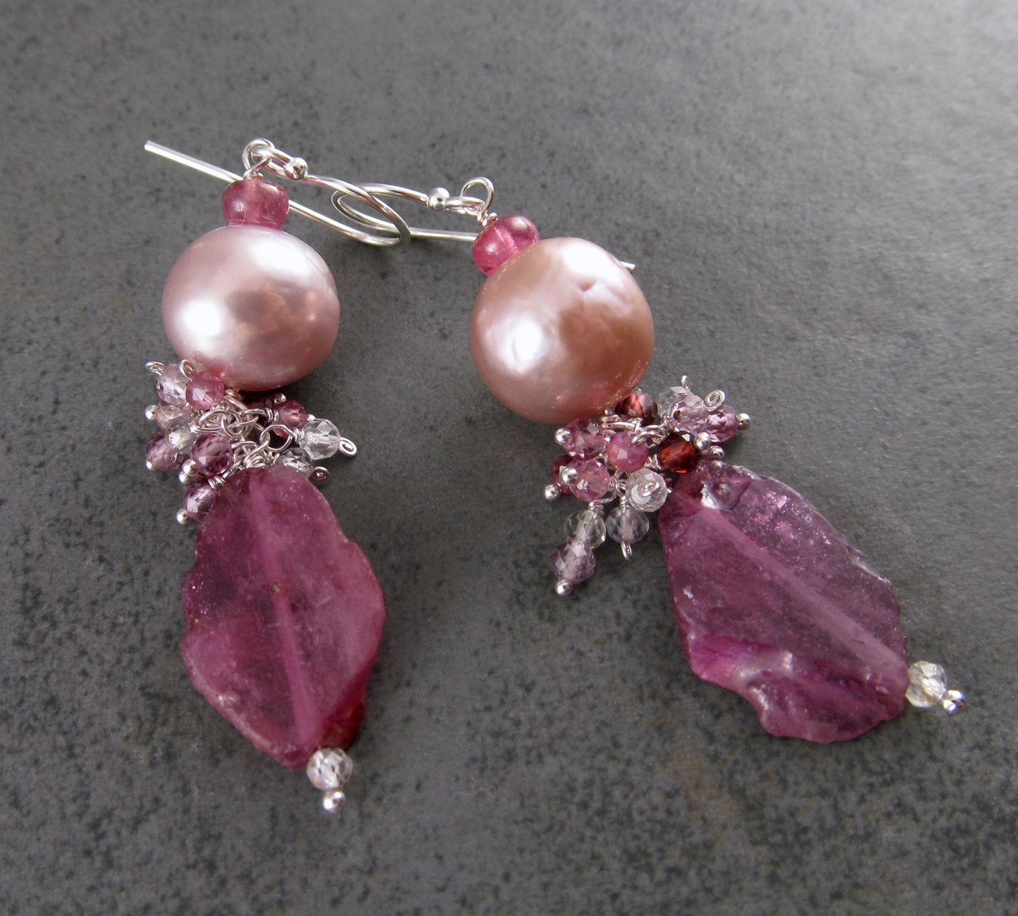 Pink sapphire earrings with pink Edison pearls, handmade sterling silver sapphire slice earrings-OOAK