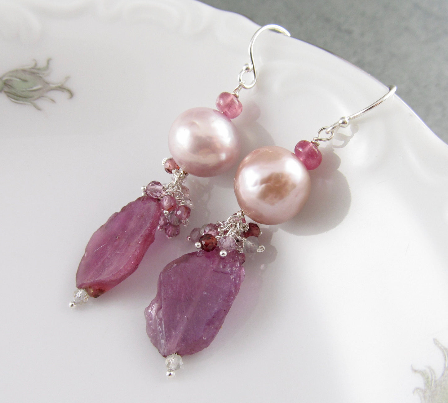 Pink sapphire earrings with pink Edison pearls, handmade sterling silver sapphire slice earrings-OOAK