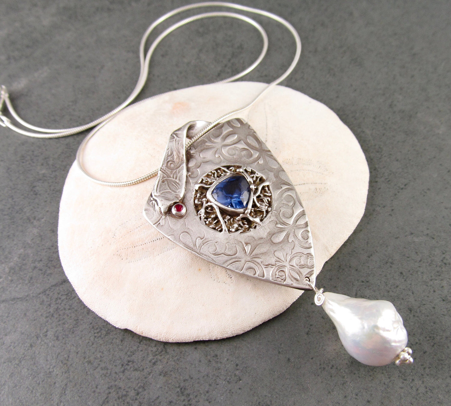 Sapphire shield pendant, handmade eco friendly fine silver, blue sapphire, ruby and pearl necklace-OOAK Red, White and Blue