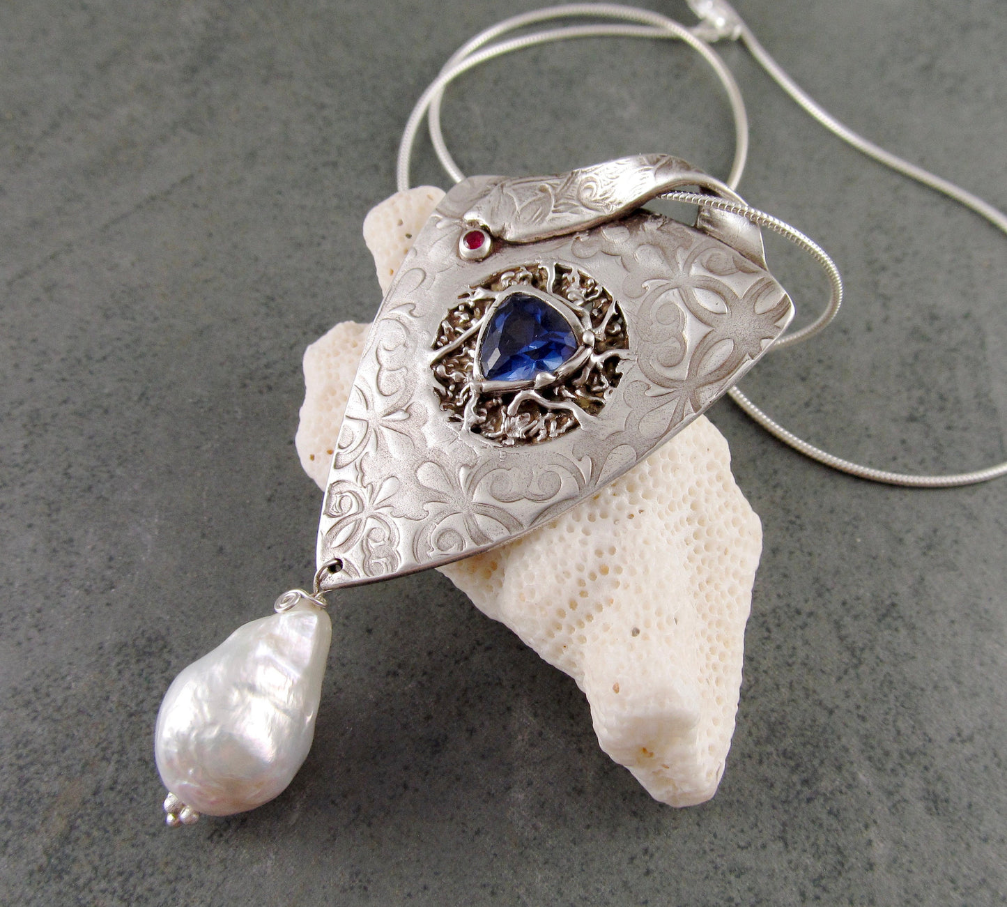 Sapphire shield pendant, handmade eco friendly fine silver, blue sapphire, ruby and pearl necklace-OOAK Red, White and Blue