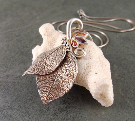 Double leaf pendant, recycled fine silver and Songea sapphire pendant-OOAK Sunset Spring