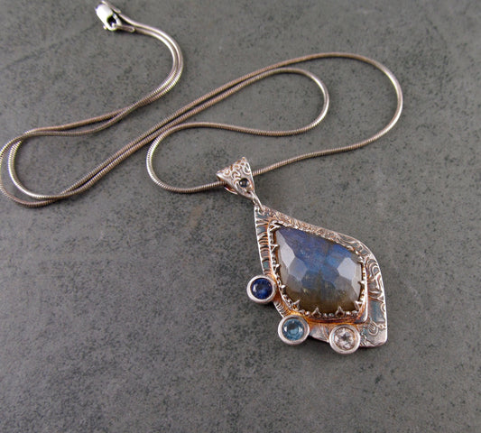 Blue labradorite pendant with sapphire, spinel and topaz, handmade recycled fine silver-OOAK