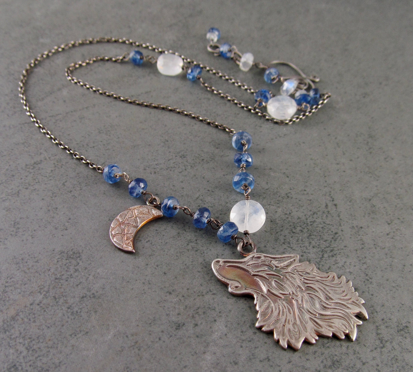 Wolf moon pendant, handmade eco friendly fine silver, moonstone and Kyanite necklace-OOAK