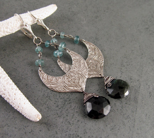 Blue tourmaline chandelier earrings, handmade eco friendly fine silver earrings-OOAK