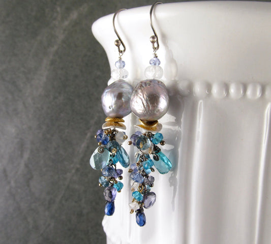 Blue gemstone, pearl earrings, handmade mixed metal Jellyfish earrings w/ London blue topaz, apatite, kyanite, tanzanite, iolite, moonstone