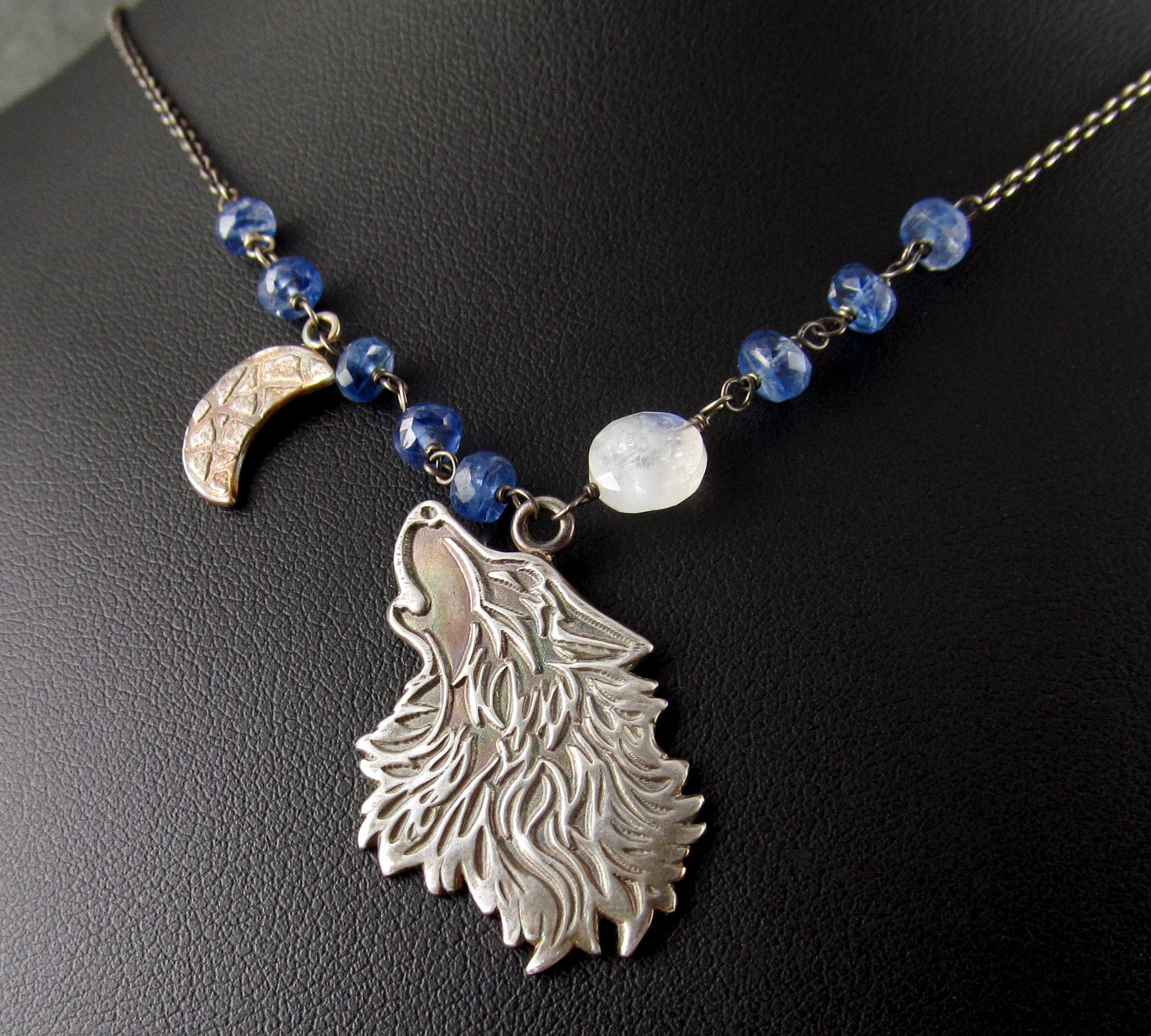 Wolf moon pendant, handmade eco friendly fine silver, moonstone and Kyanite necklace-OOAK