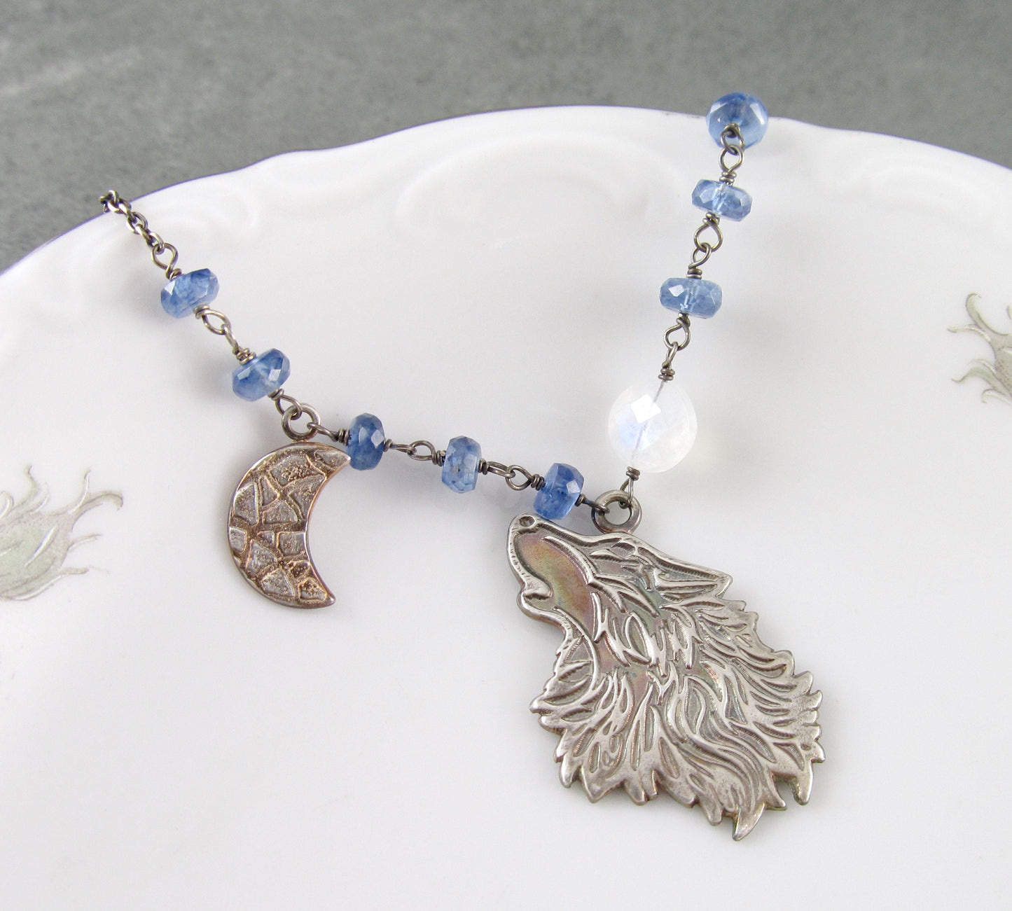 Wolf moon pendant, handmade eco friendly fine silver, moonstone and Kyanite necklace-OOAK