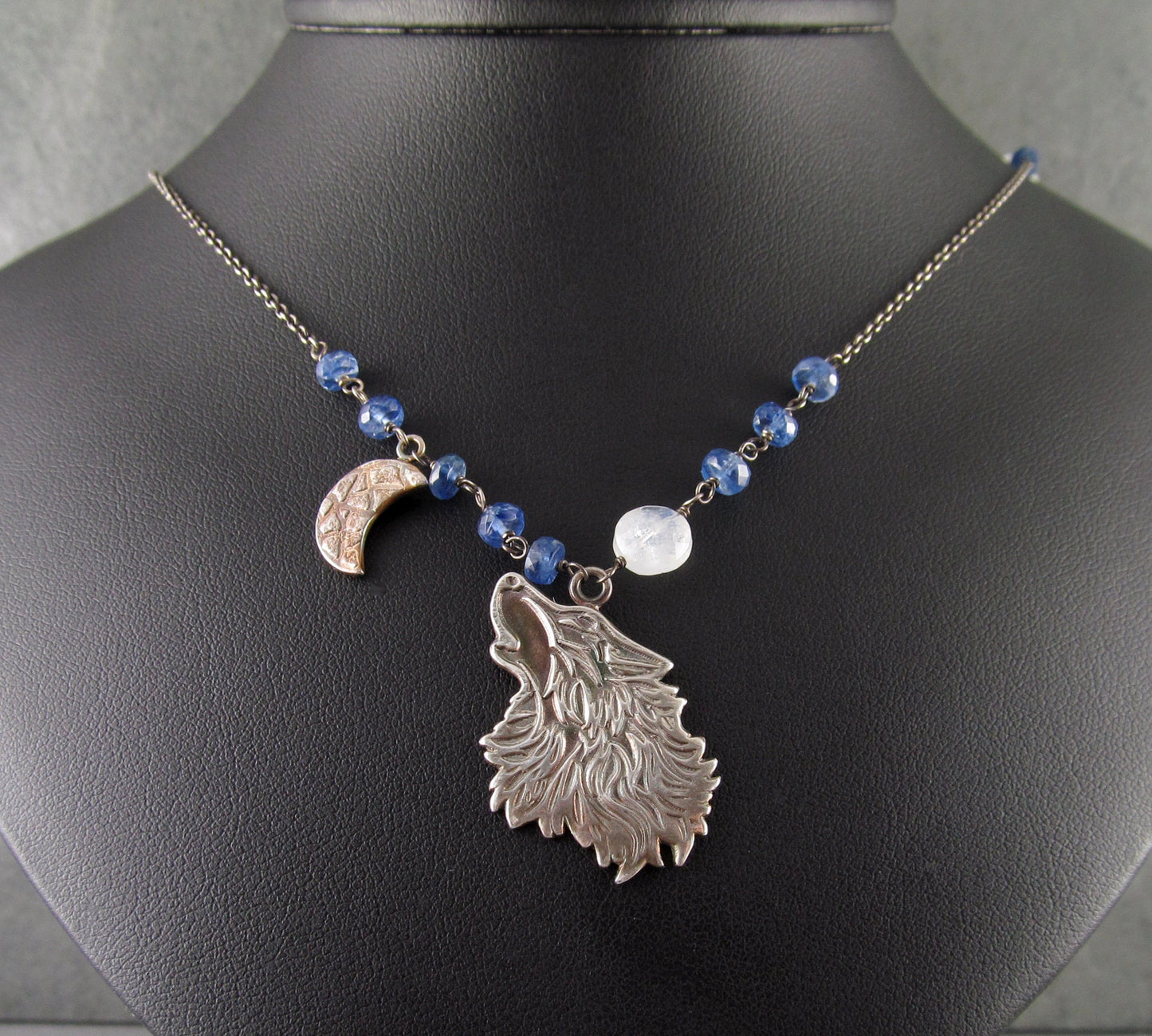 Wolf moon pendant, handmade eco friendly fine silver, moonstone and Kyanite necklace-OOAK