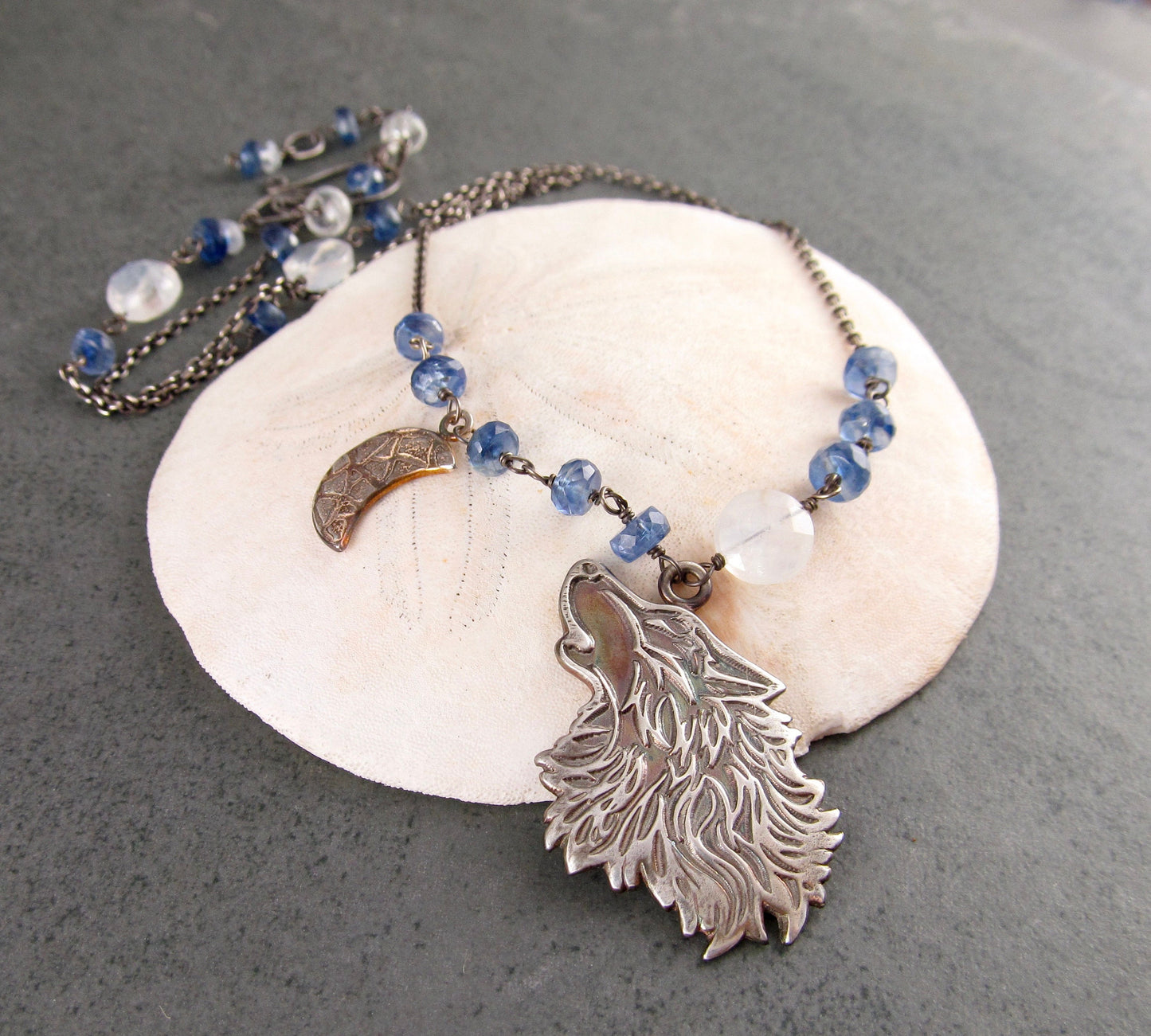 Wolf moon pendant, handmade eco friendly fine silver, moonstone and Kyanite necklace-OOAK