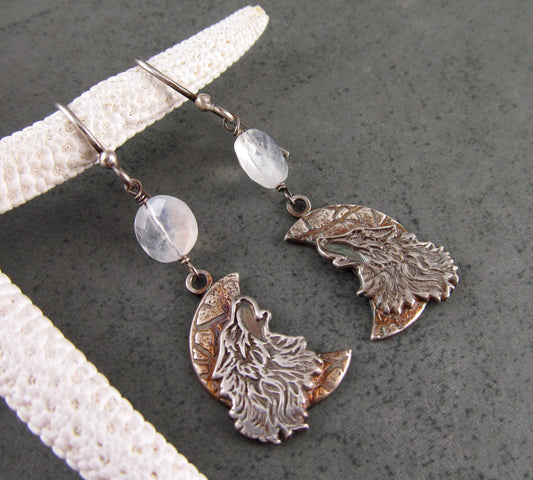 Howling wolf earrings, handmade recycled fine silver, moonstone earrings-OOAK