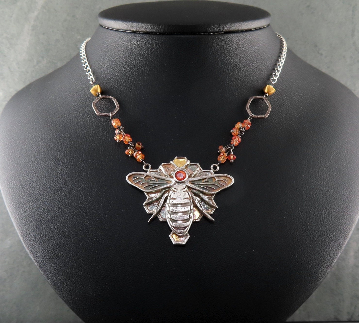 Honey bee specimen pendant, handmade recycled fine silver, 24k gold, mixed metal, sapphire honeycomb necklace-OOAK