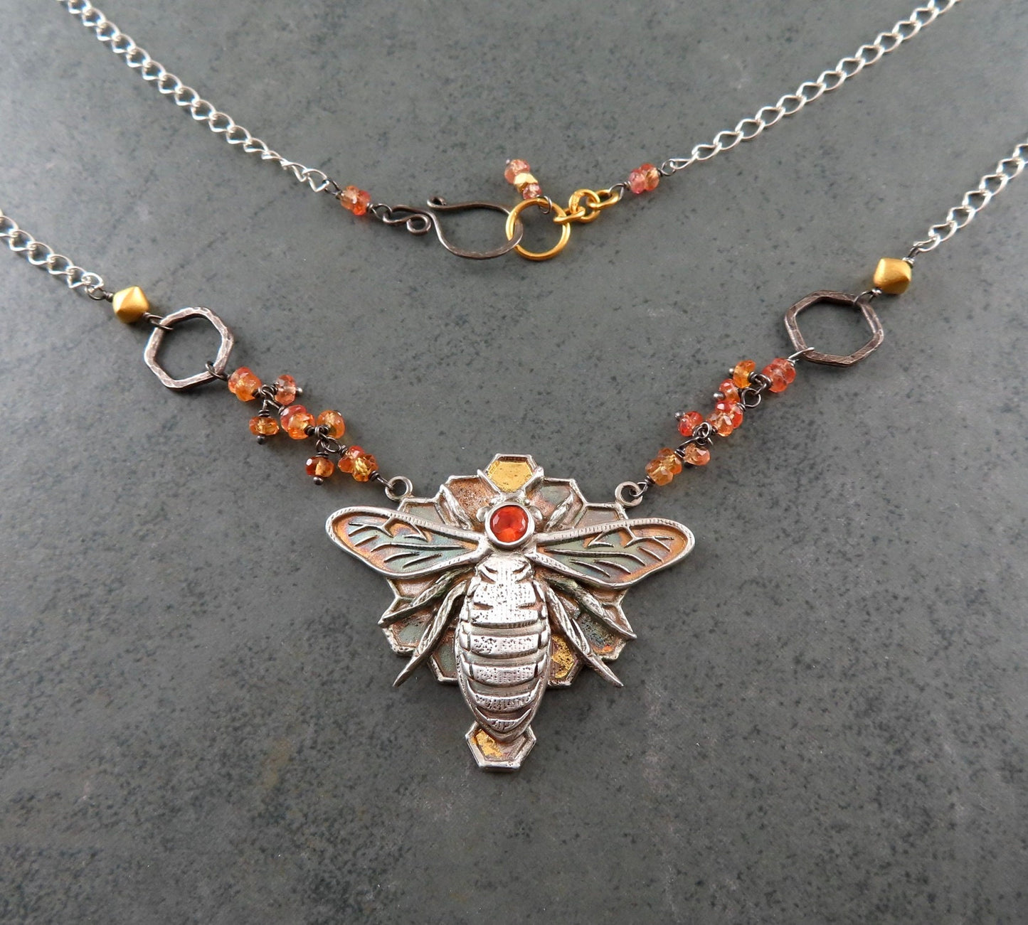 Honey bee specimen pendant, handmade recycled fine silver, 24k gold, mixed metal, sapphire honeycomb necklace-OOAK