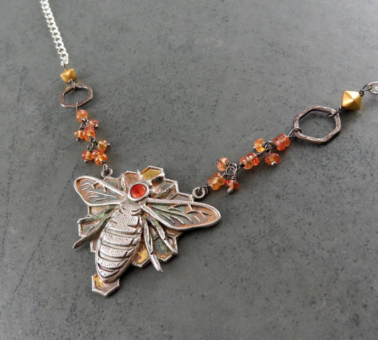 Honey bee specimen pendant, handmade recycled fine silver, 24k gold, mixed metal, sapphire honeycomb necklace-OOAK