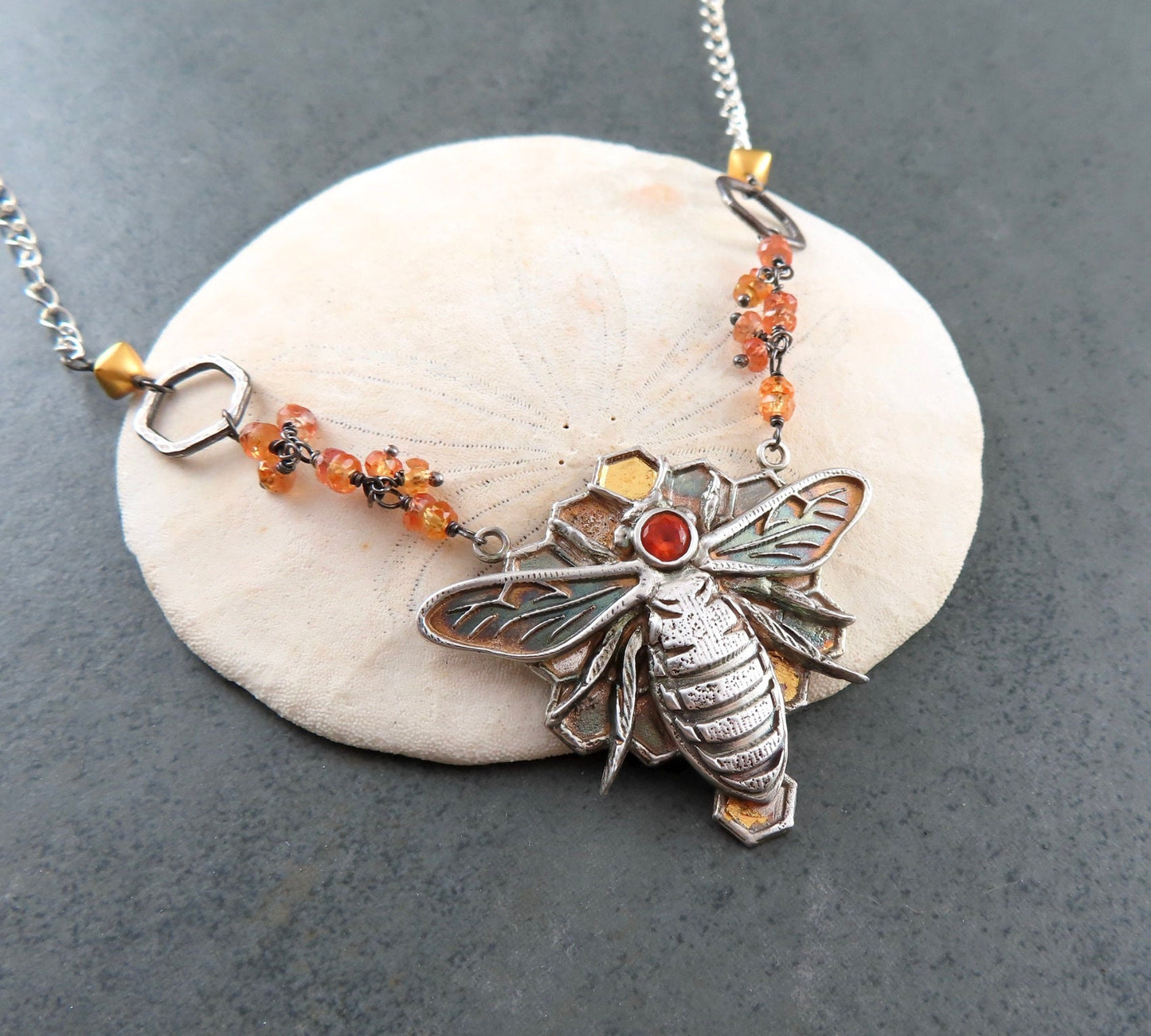 Honey bee specimen pendant, handmade recycled fine silver, 24k gold, mixed metal, sapphire honeycomb necklace-OOAK