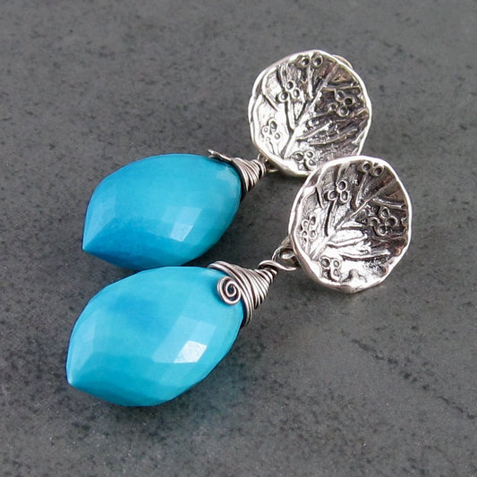 Turquoise earrings in sterling silver, handmade minimalist OOAK silver post jewelry, December birthstone earrings