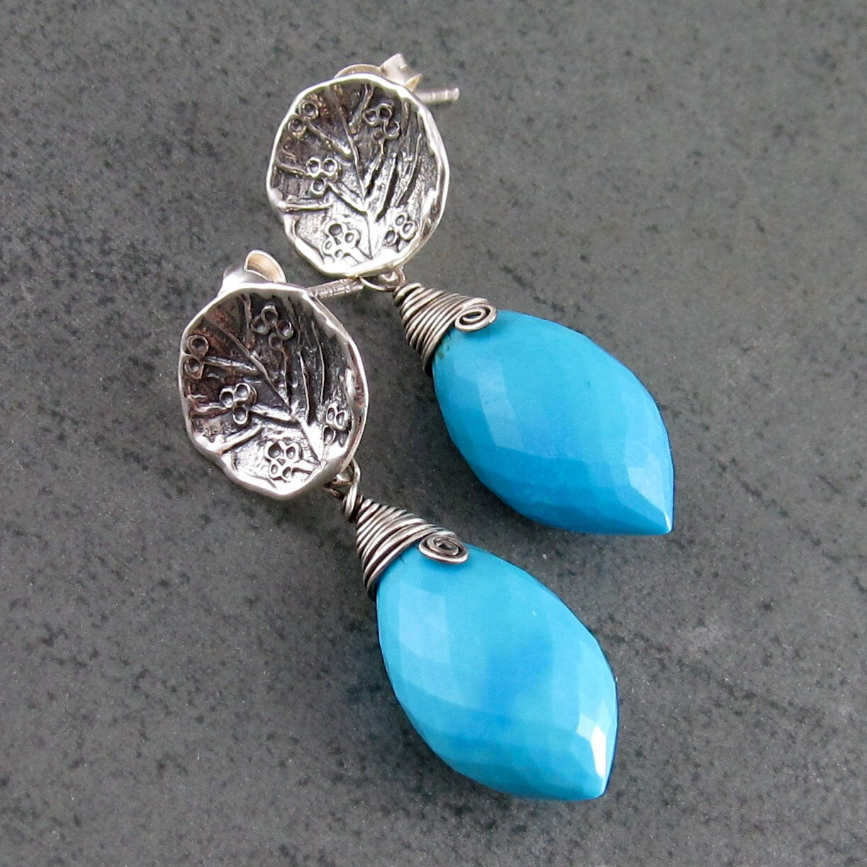 Turquoise earrings in sterling silver, handmade minimalist OOAK silver post jewelry, December birthstone earrings