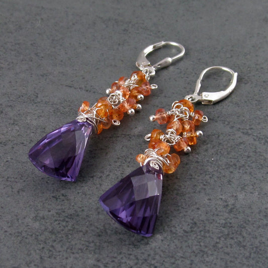 Alexandrite earrings with orange padparadscha sapphire, handmade sterling silver earrings