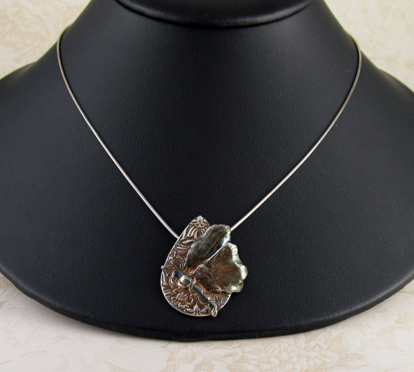 Silver dragonfly pendant, handmade recycled fine silver gingko leaf dragonfly # 2 with blue sapphire-OOAK