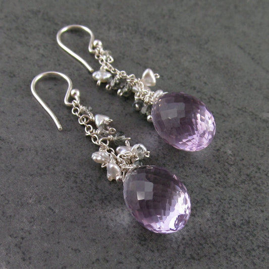Pink amethyst earrings, handmade silver, Akoya saltwater pearl & green sapphire earrings, February birthstone-OOAK