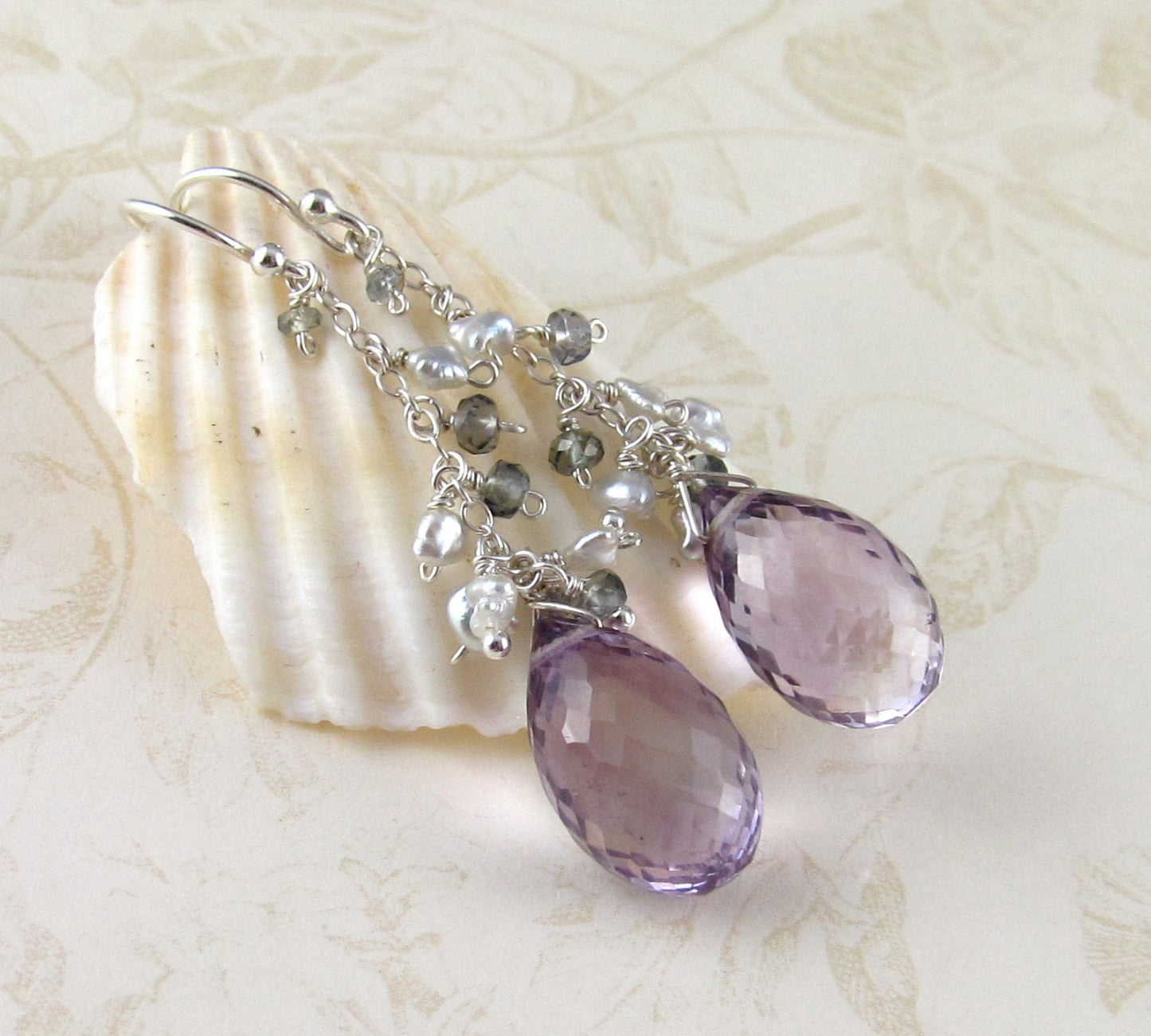 Pink amethyst earrings, handmade silver, Akoya saltwater pearl & green sapphire earrings, February birthstone-OOAK