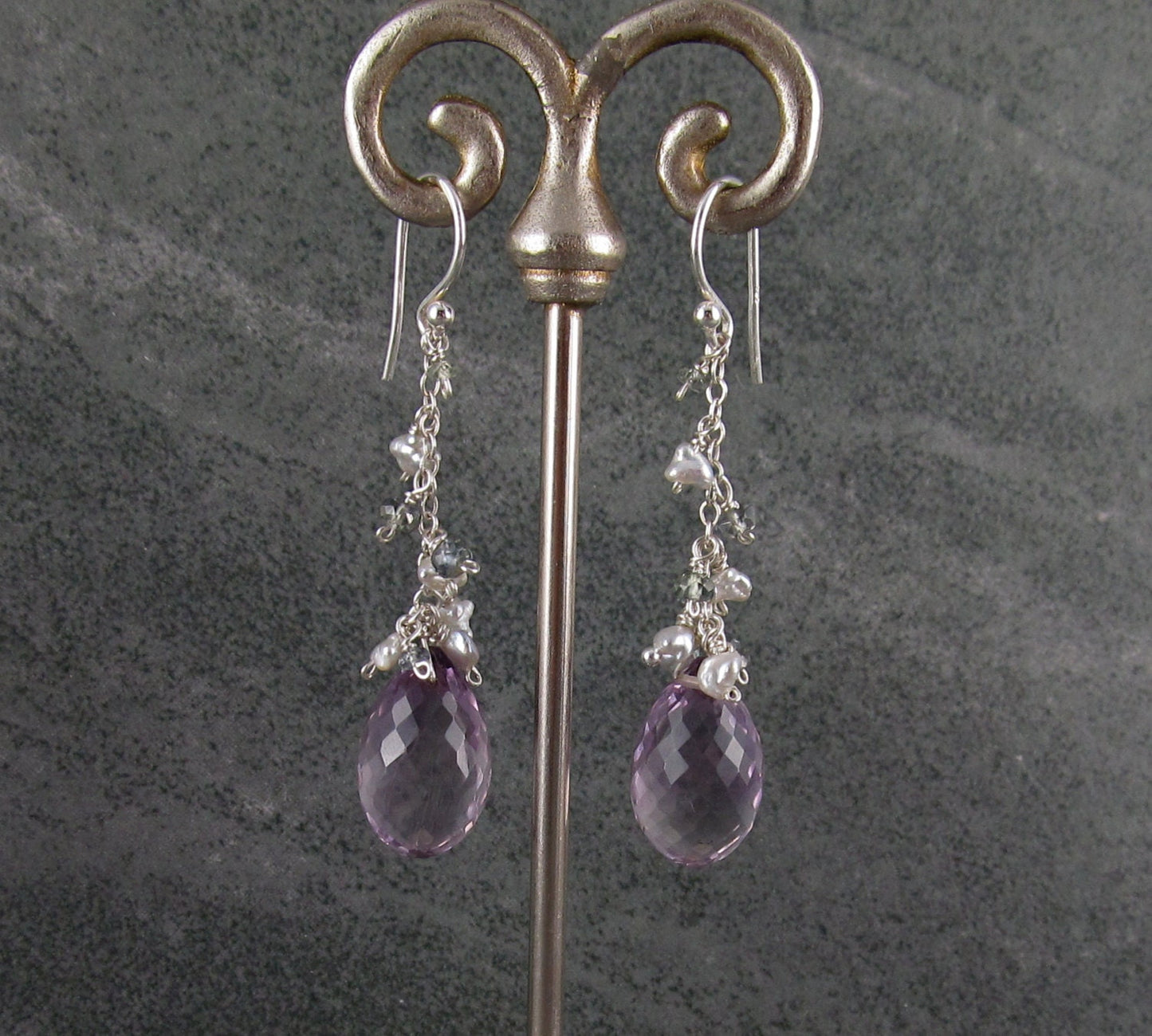 Pink amethyst earrings, handmade silver, Akoya saltwater pearl & green sapphire earrings, February birthstone-OOAK