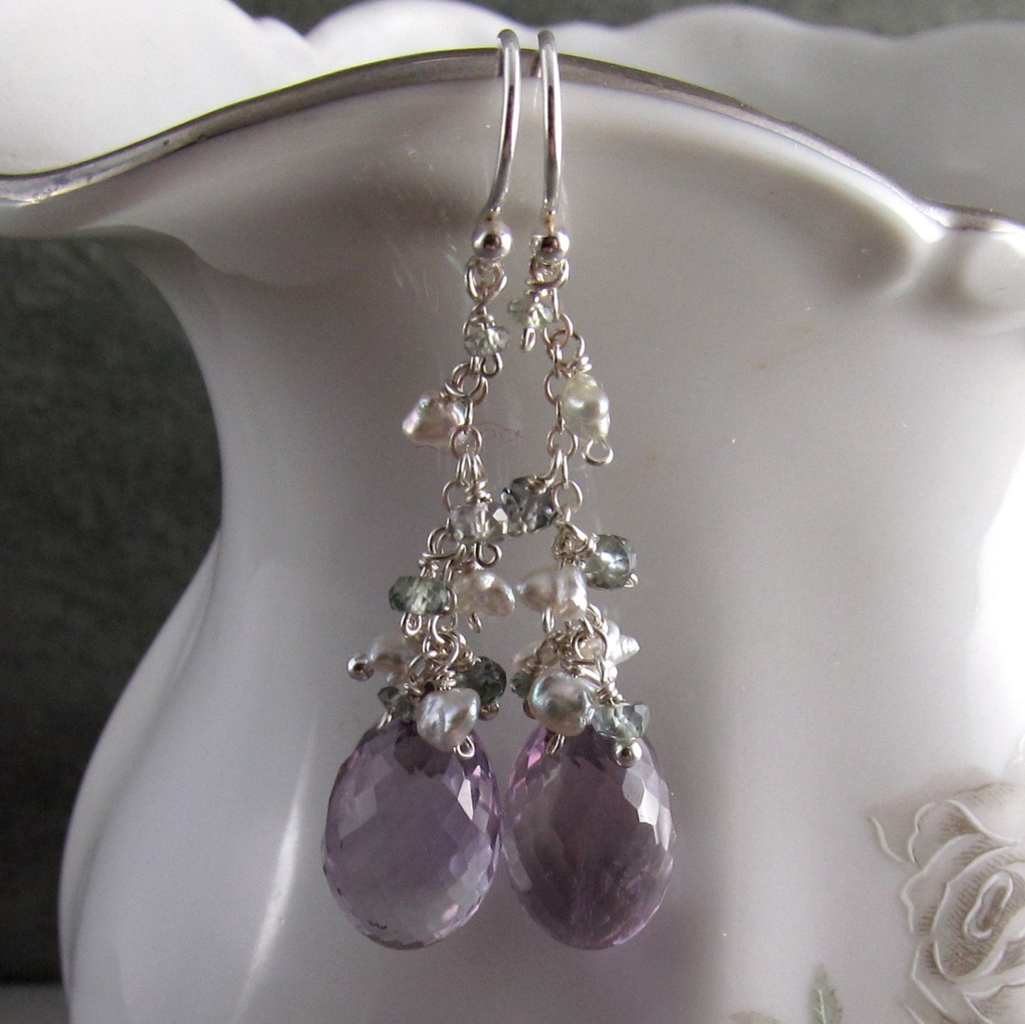 Pink amethyst earrings, handmade silver, Akoya saltwater pearl & green sapphire earrings, February birthstone-OOAK