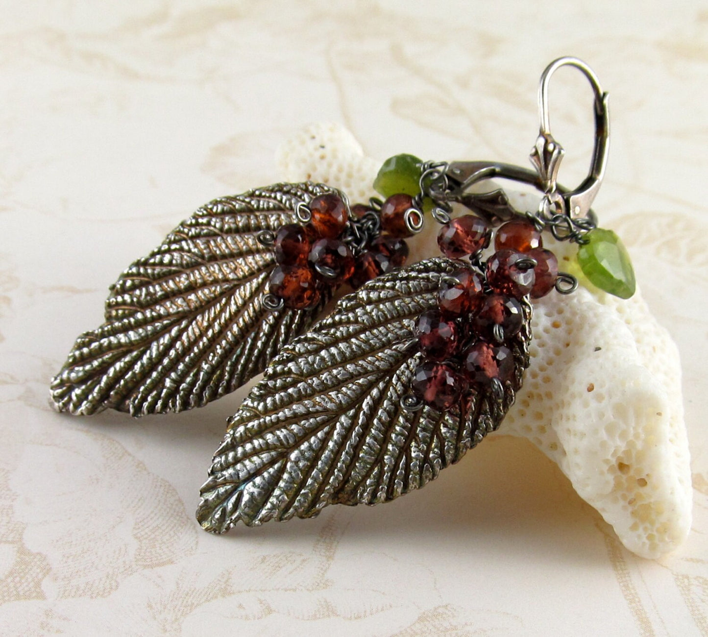 Silver leaf earrings, handmade recycled silver leaf and garnet earrings-OOAK-VINO