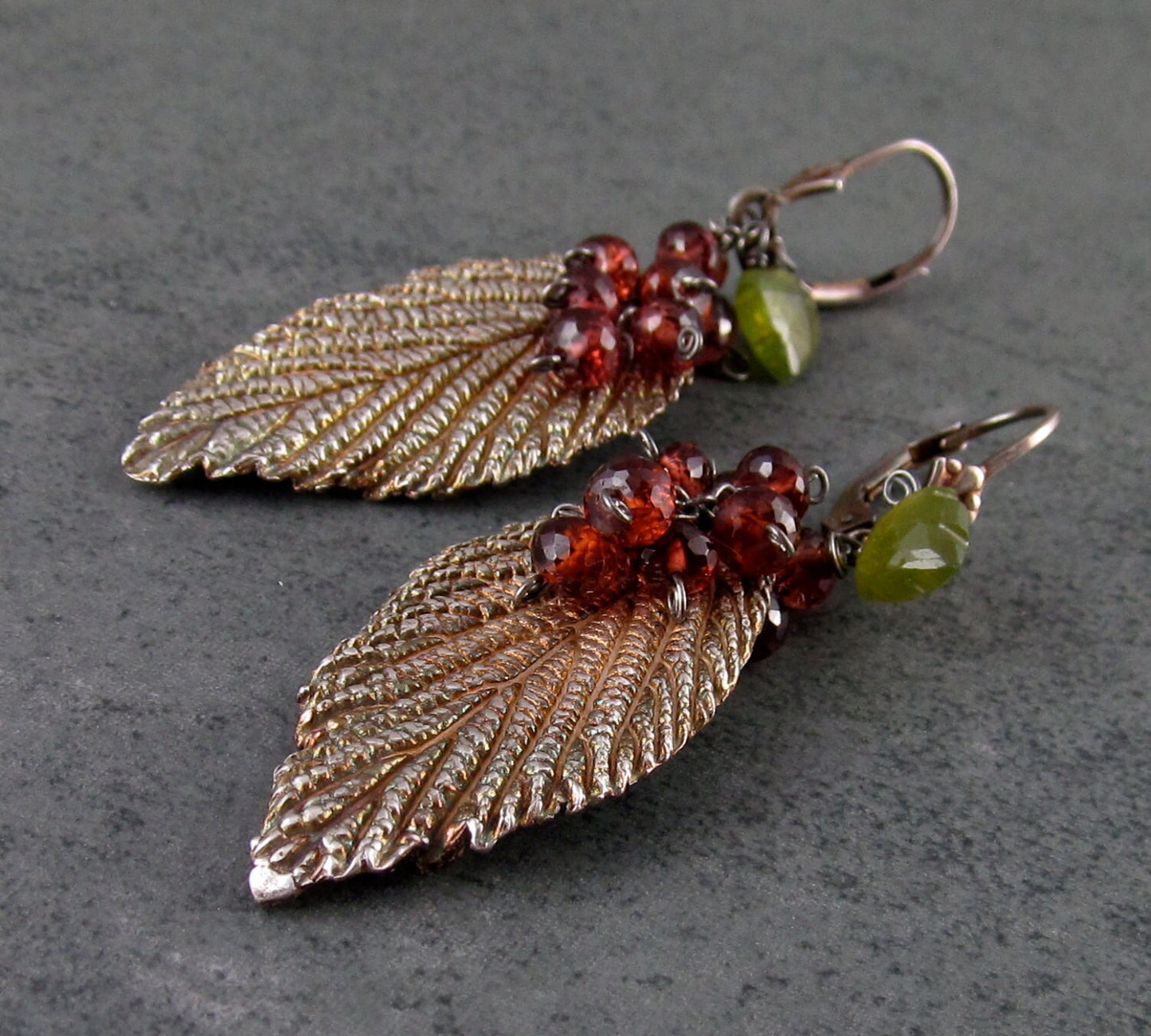 Silver leaf earrings, handmade recycled silver leaf and garnet earrings-OOAK-VINO