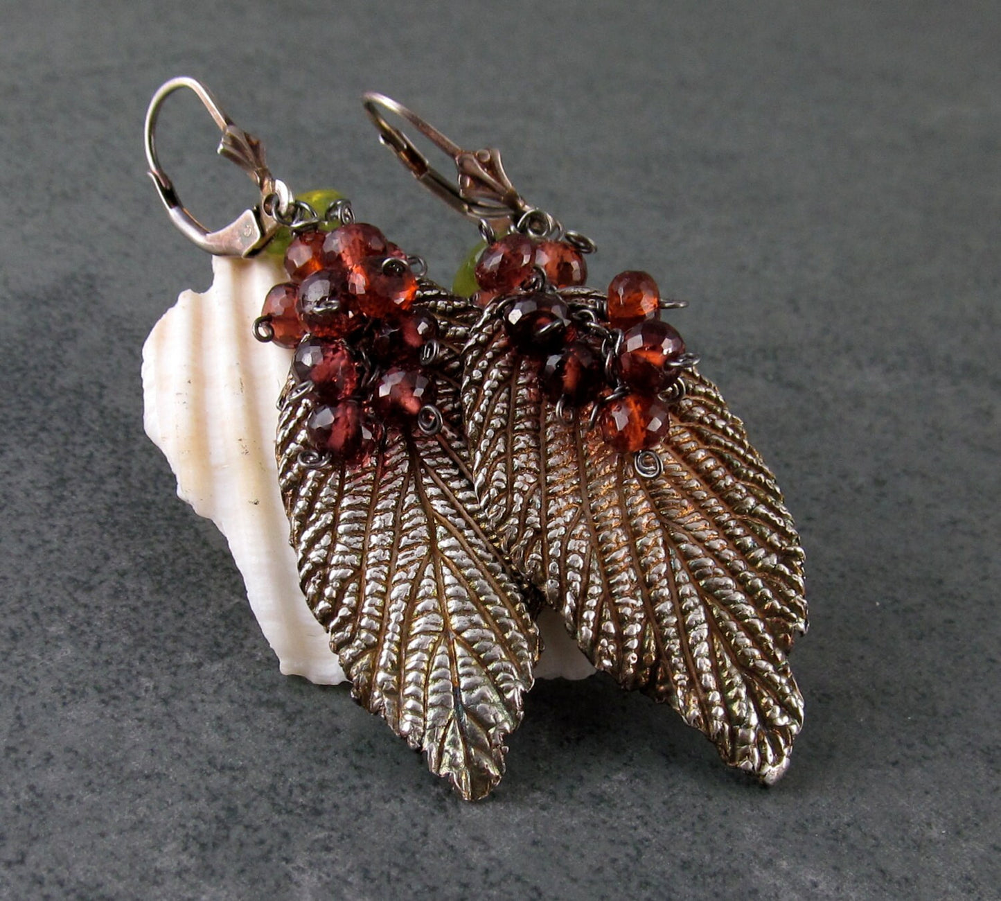 Silver leaf earrings, handmade recycled silver leaf and garnet earrings-OOAK-VINO