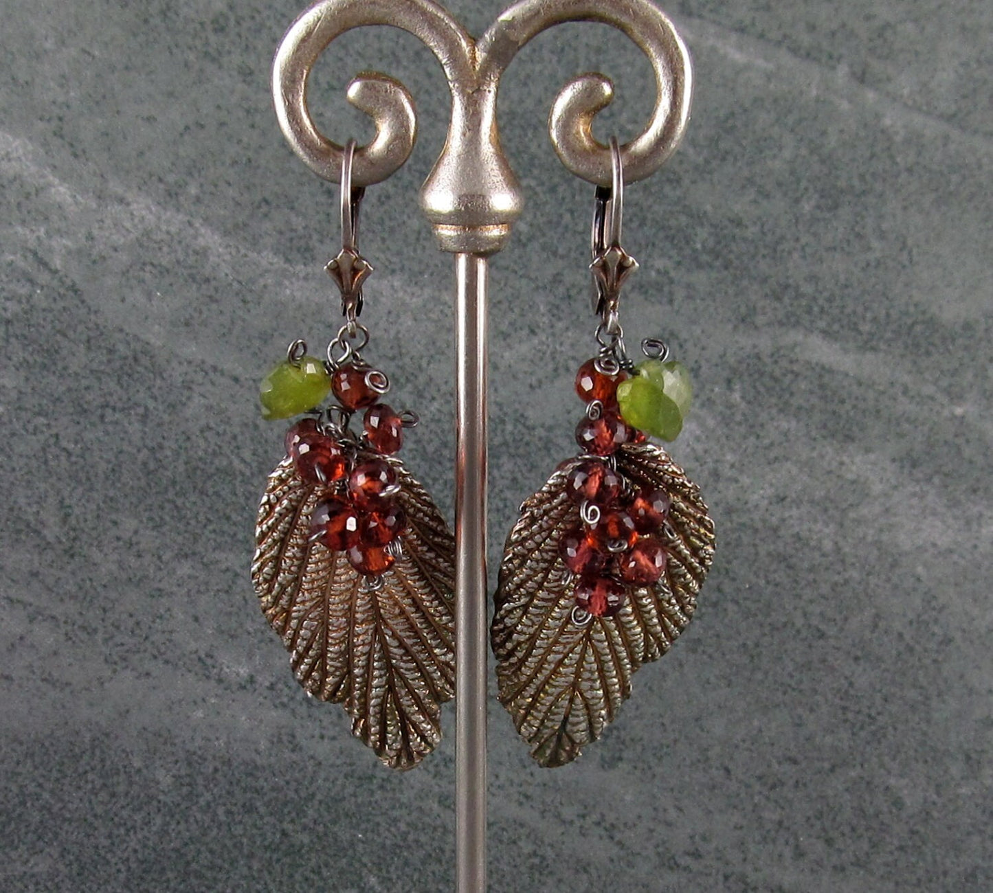 Silver leaf earrings, handmade recycled silver leaf and garnet earrings-OOAK-VINO