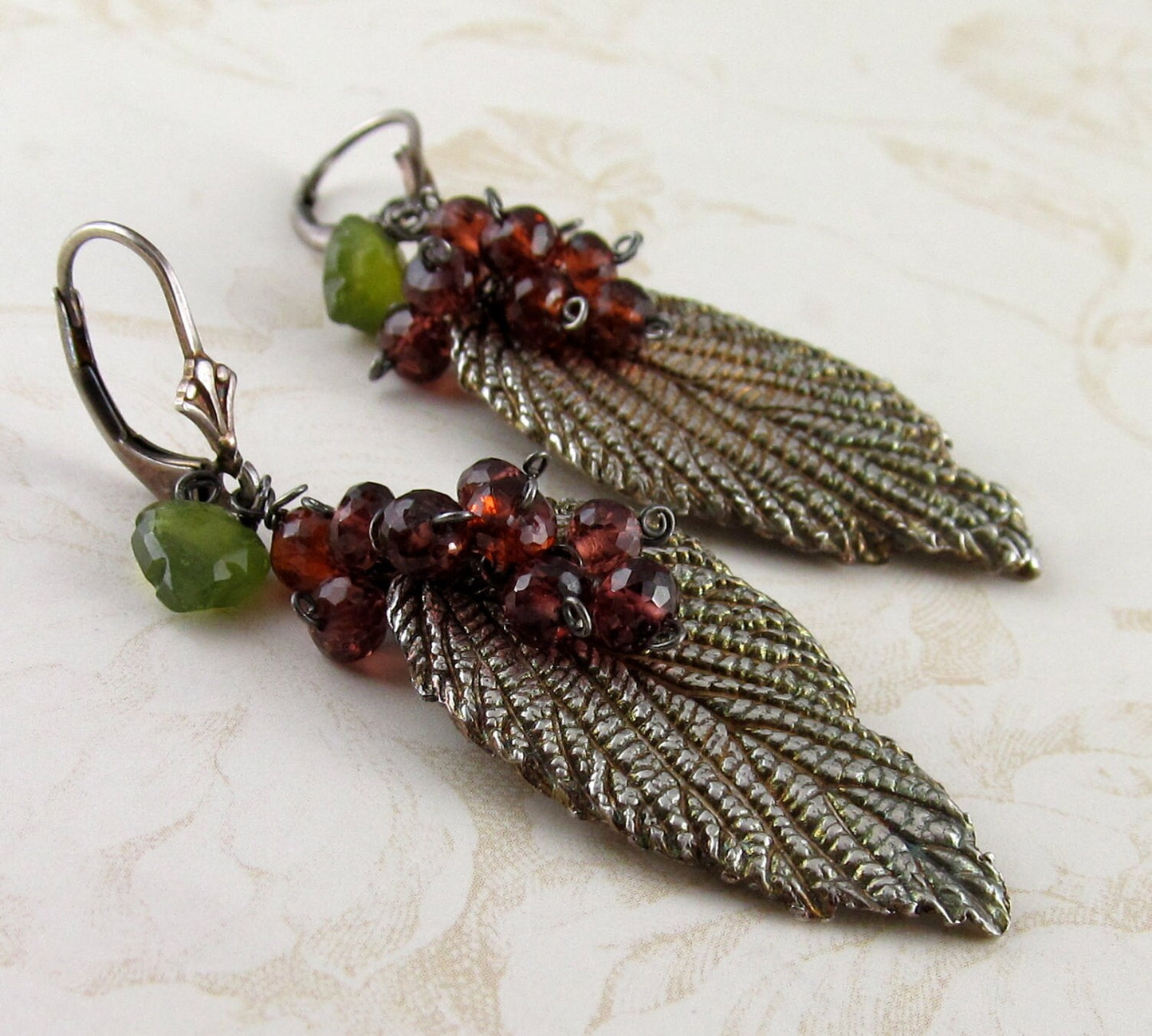 Silver leaf earrings, handmade recycled silver leaf and garnet earrings-OOAK-VINO