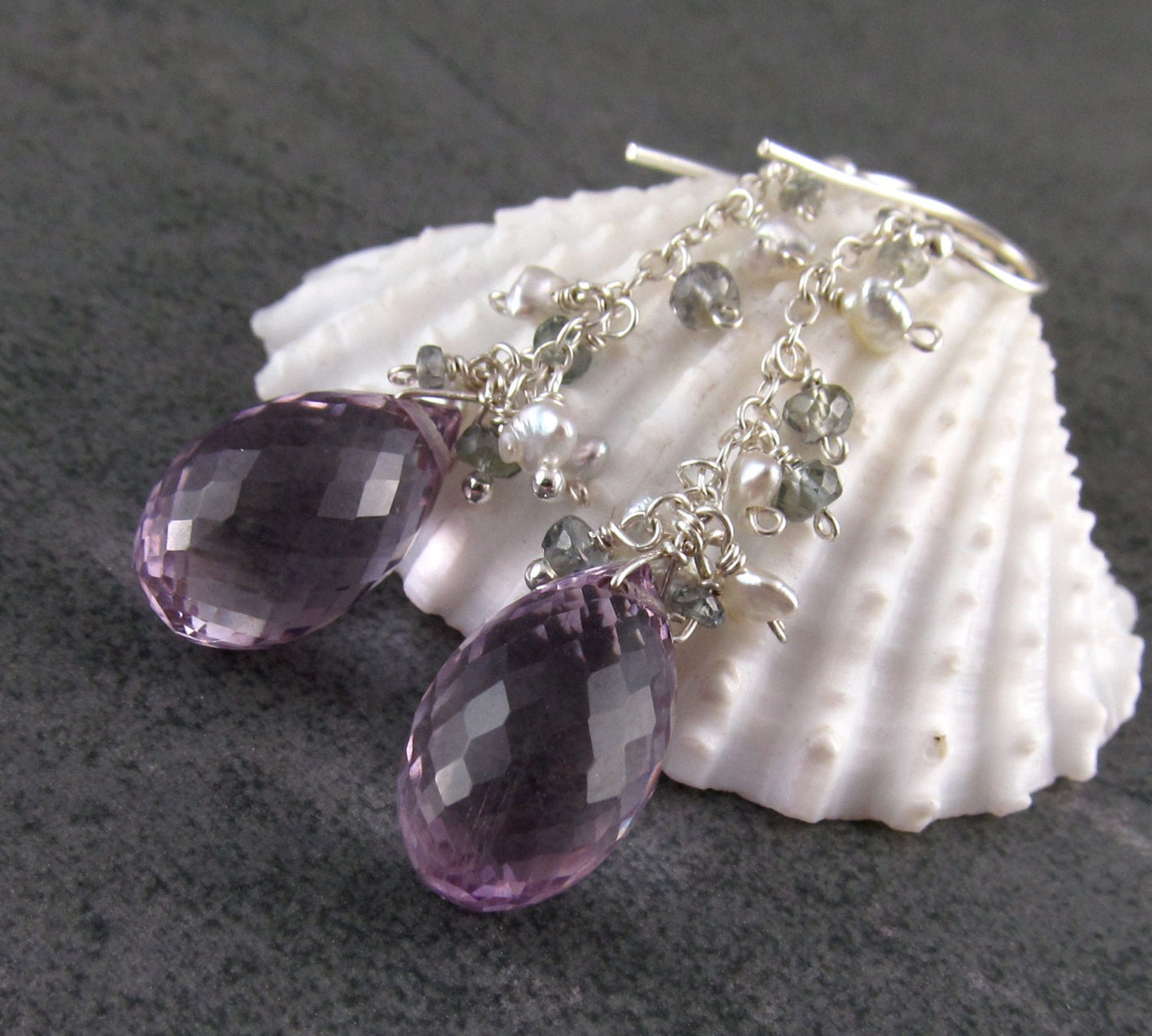 Pink amethyst earrings, handmade silver, Akoya saltwater pearl & green sapphire earrings, February birthstone-OOAK