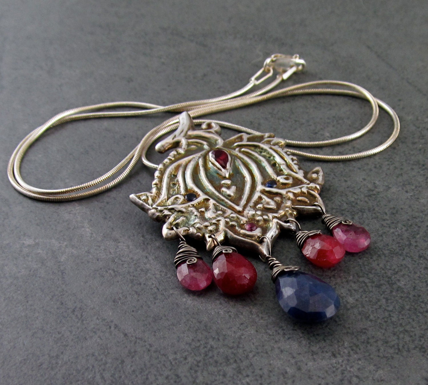 Paisley lotus pendant, handmade eco friendly fine silver, ruby, sapphire necklace-Bollywood OOAK