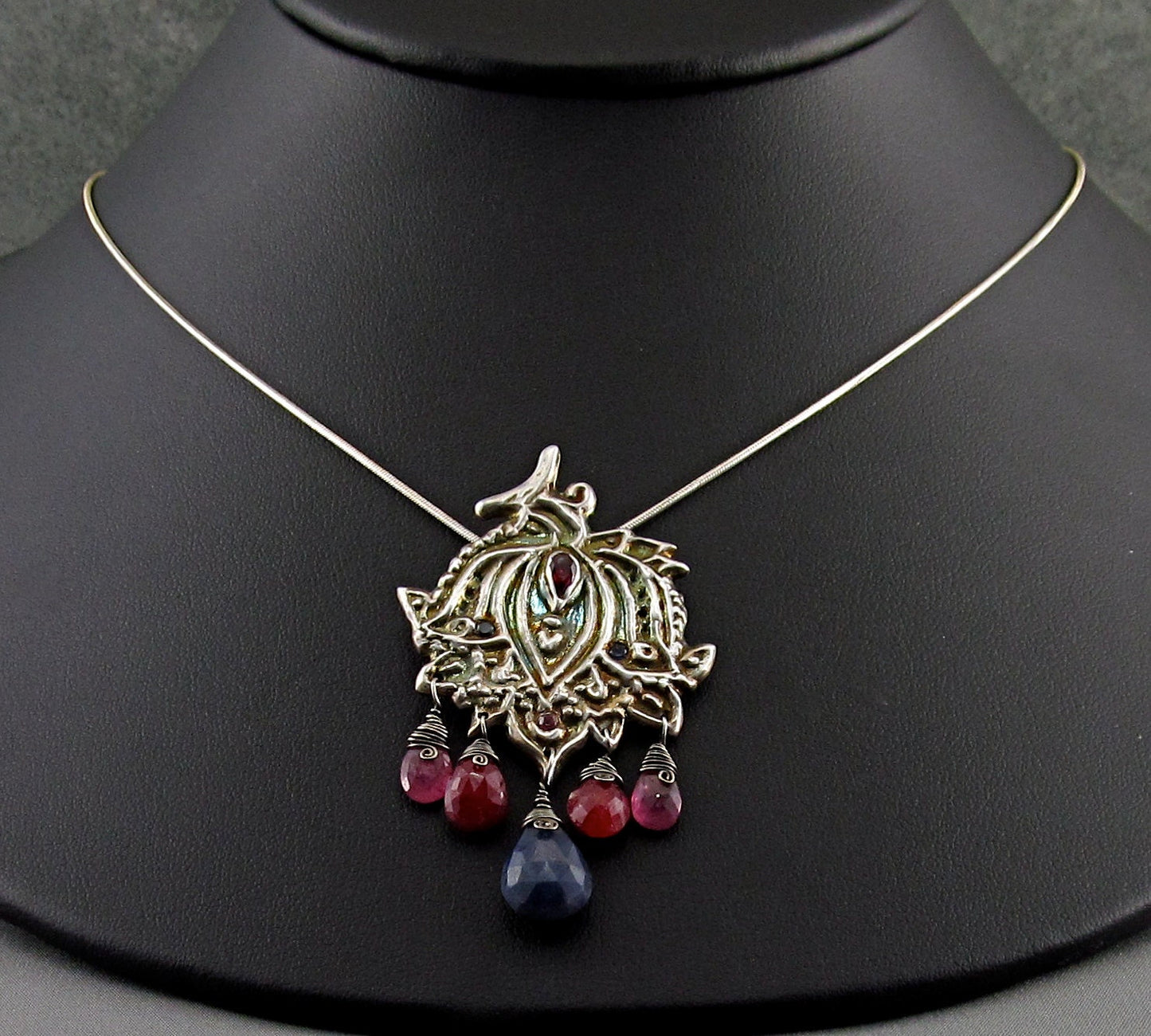 Paisley lotus pendant, handmade eco friendly fine silver, ruby, sapphire necklace-Bollywood OOAK
