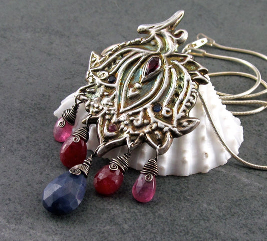 Paisley lotus pendant, handmade eco friendly fine silver, ruby, sapphire necklace-Bollywood OOAK