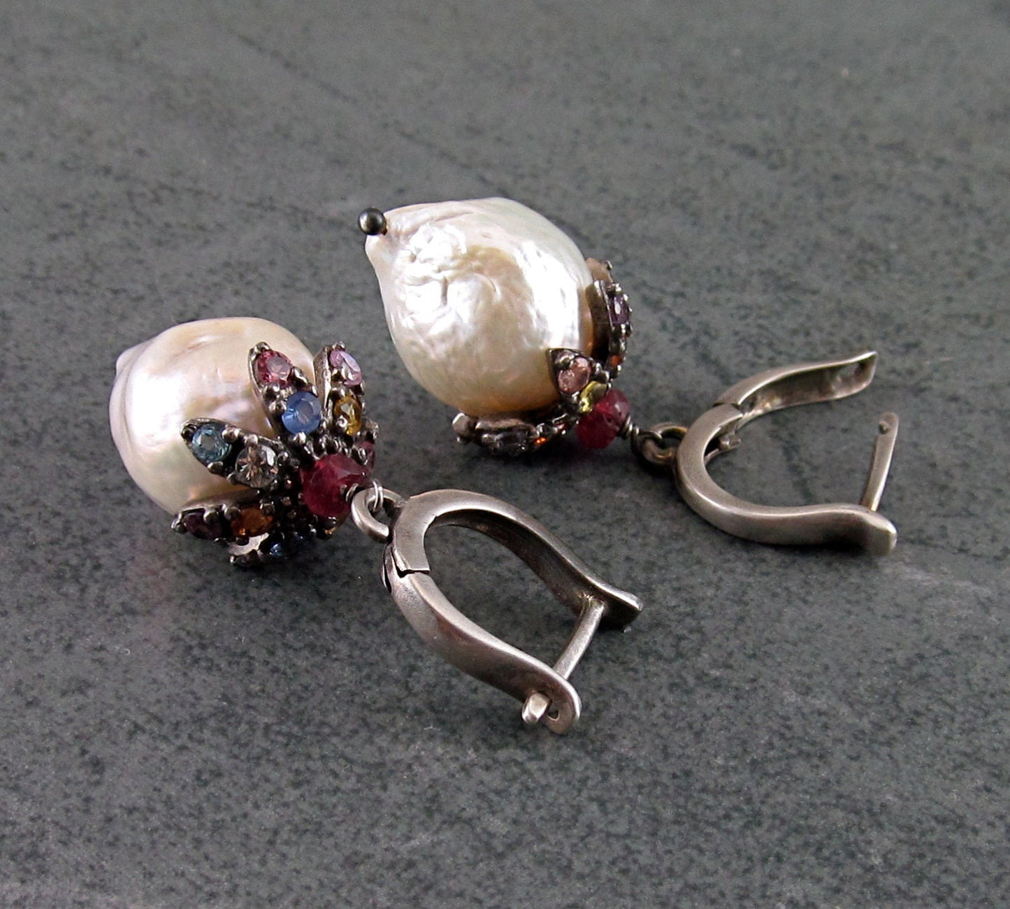 Sapphire & pearl earrings, handmade sterling silver, white Kasumi like baroque pearl, and multi sapphire earrings-OOAK