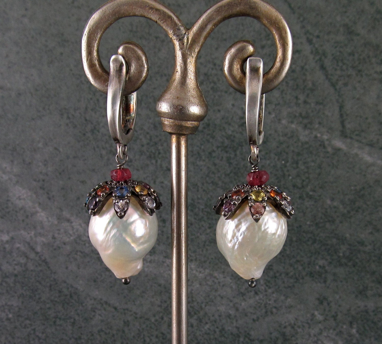 Sapphire & pearl earrings, handmade sterling silver, white Kasumi like baroque pearl, and multi sapphire earrings-OOAK