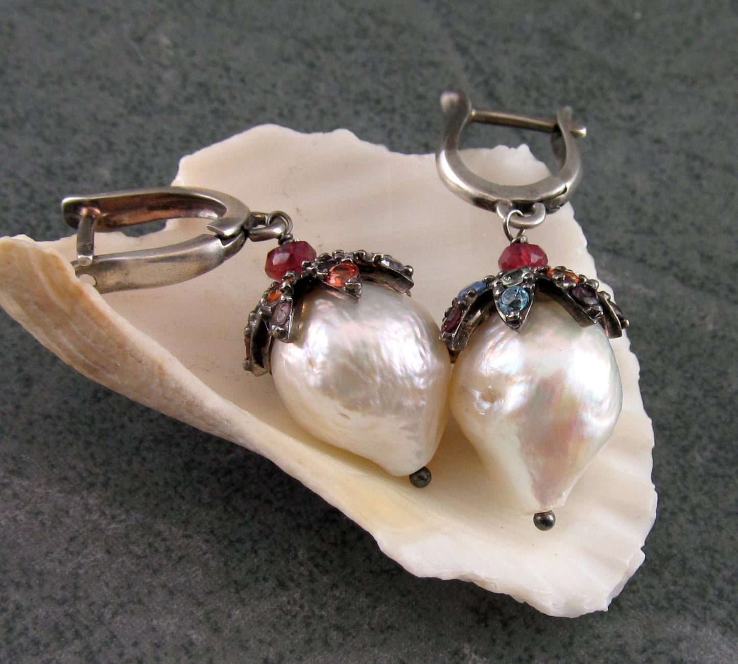 Sapphire & pearl earrings, handmade sterling silver, white Kasumi like baroque pearl, and multi sapphire earrings-OOAK