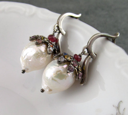 Sapphire & pearl earrings, handmade sterling silver, white Kasumi like baroque pearl, and multi sapphire earrings-OOAK