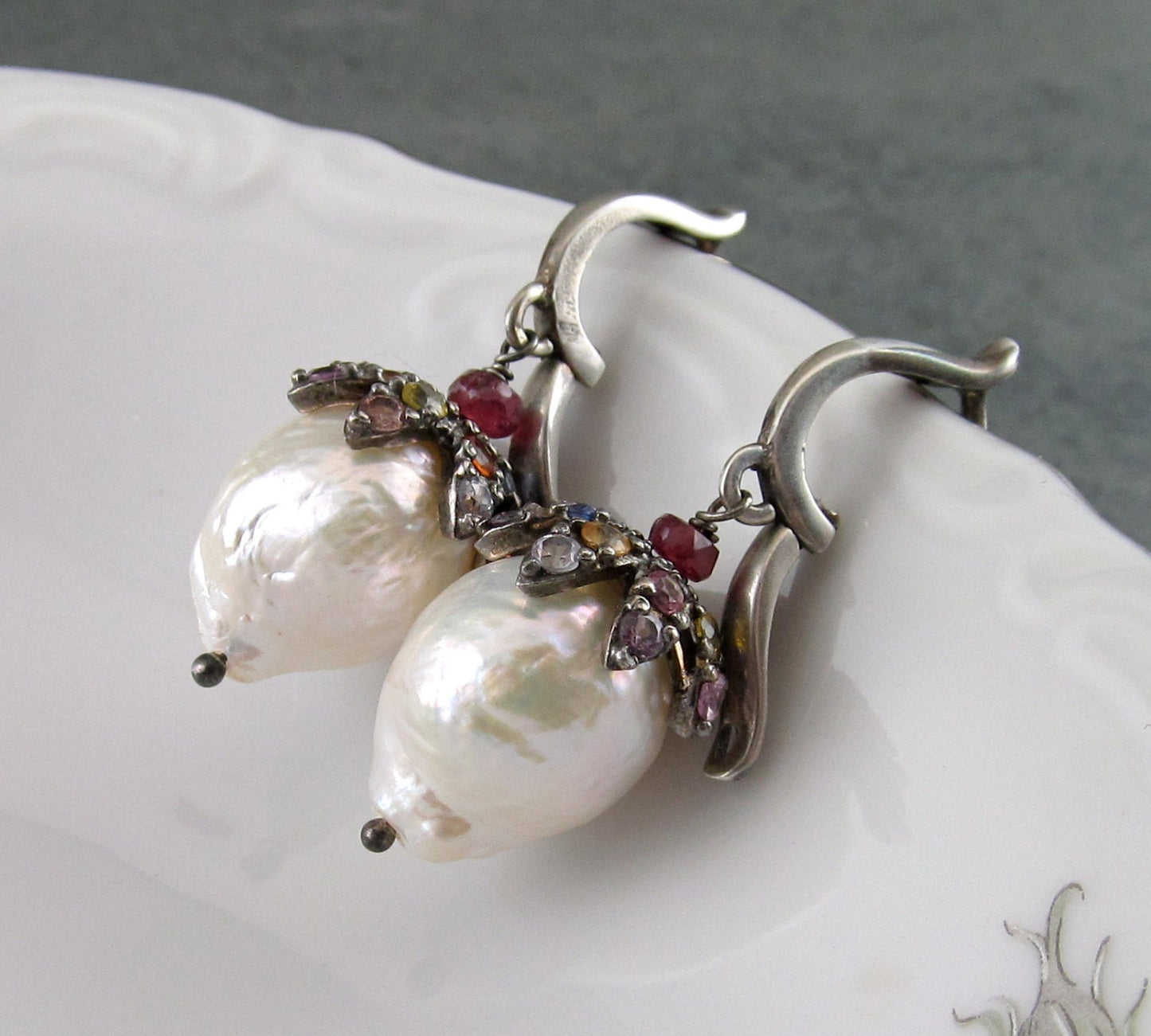 Sapphire & pearl earrings, handmade sterling silver, white Kasumi like baroque pearl, and multi sapphire earrings-OOAK