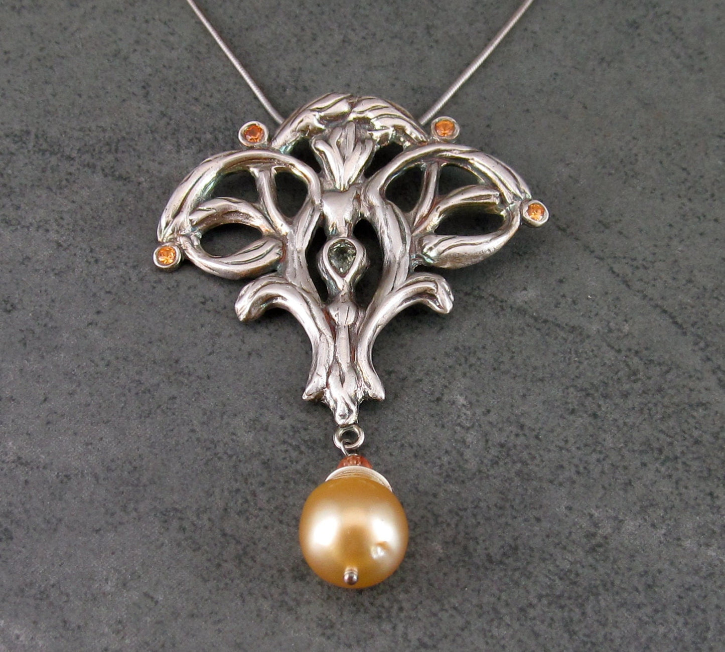 Songea sapphire pendant, handmade recycled fine silver w/ gold South Sea pearl, Edwardian style necklace-OOAK