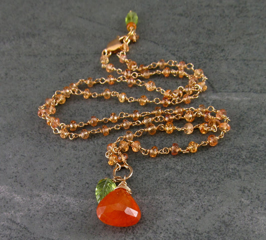 Mandarin garnet necklace, handmade gold filled, yellow sapphire necklace with garnet and peridot-OOAK Apricot Harvest